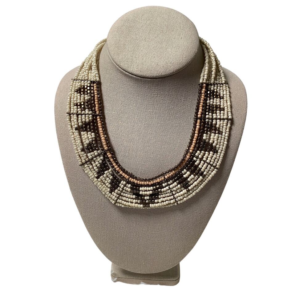 ZAD Cream Brown Multi Strand Tribal Beaded Bib Necklace Statement Boho E20-12